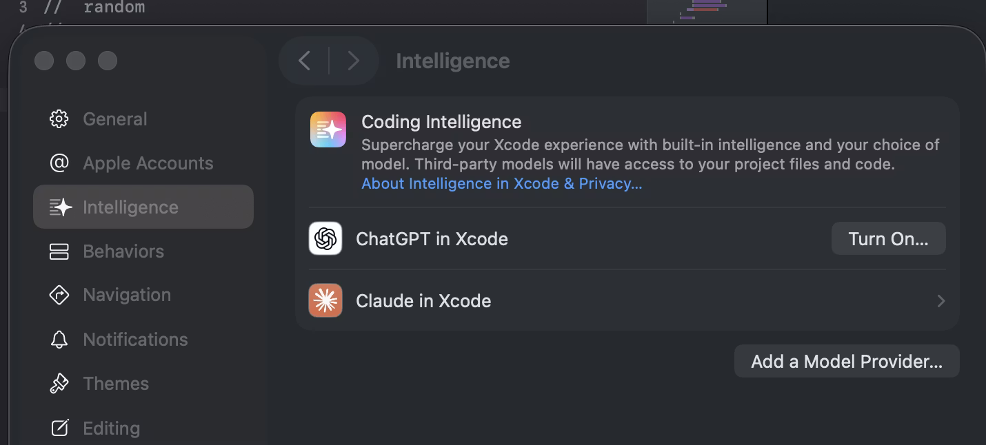 Xcode Intelligence window